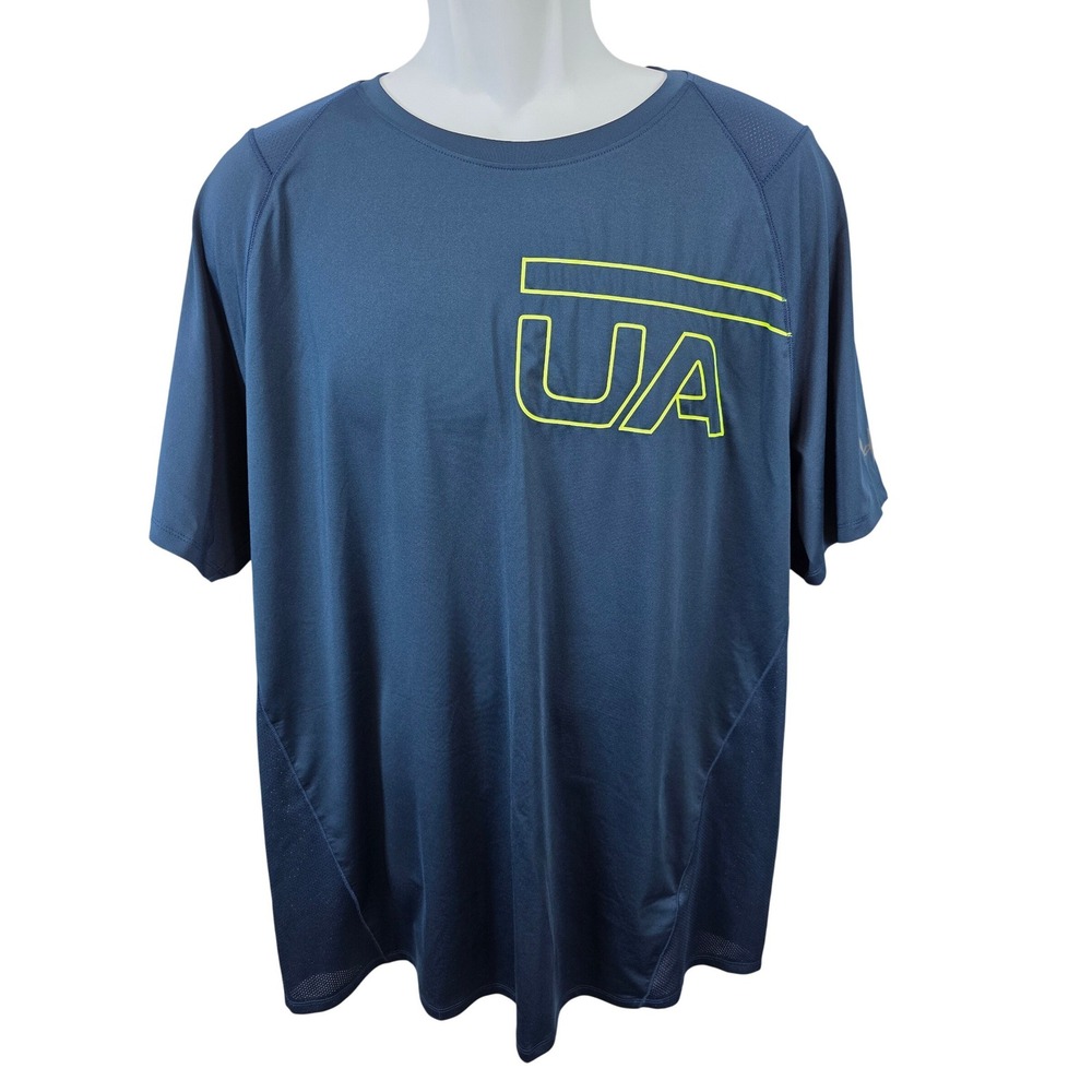 Under Armour HeatGear Mens 2XL Fitted Mesh Back Graphic Shirt Navy Blue Logo